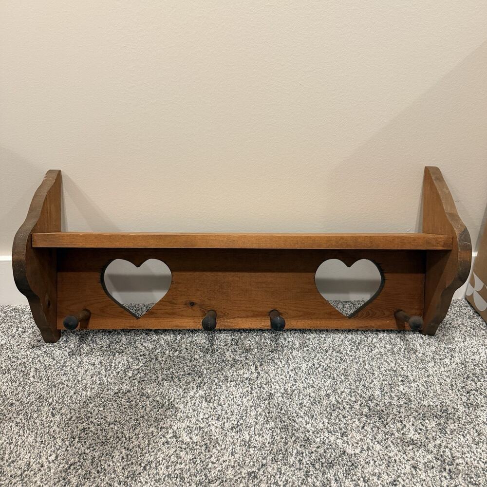 Vintage Wood Heart Shelf w/ 4 Pegs Cottage Core Beautiful Condition